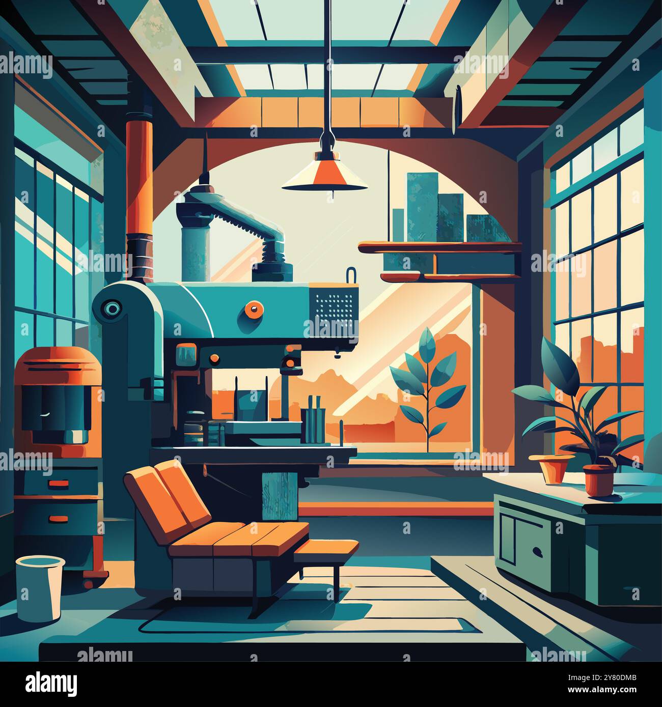 A stylized illustration of an industrial workshop with a large metal machine. a workbench. and a lounge chair in a bright. airy space. Perfect for add Stock Vector