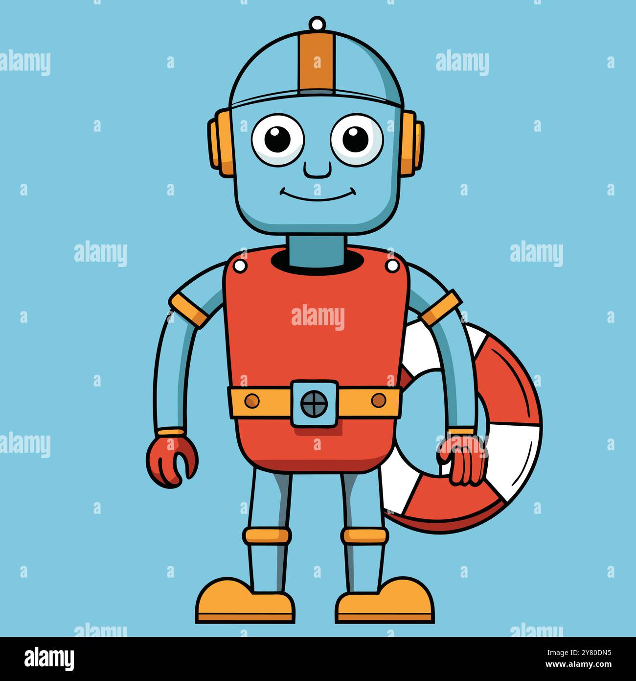 A friendly cartoon robot with a life preserver. perfect for illustrating concepts of safety. assistance. or technology. Stock Vector