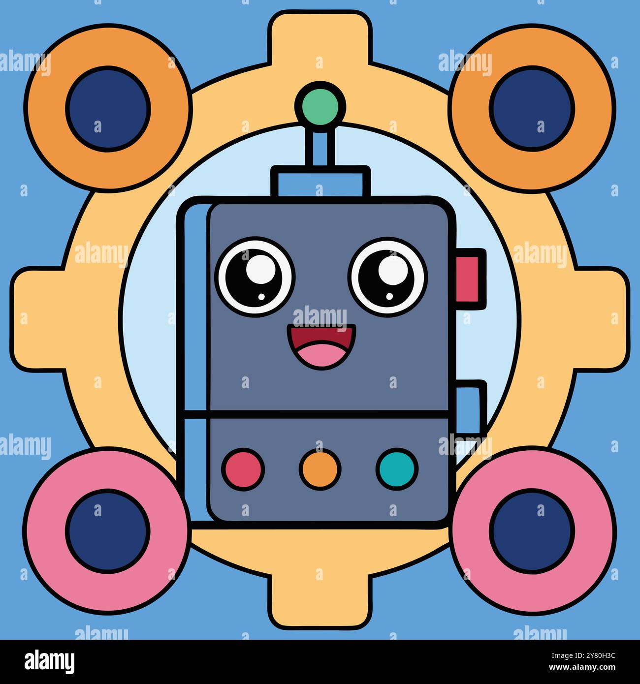 Cute robot icon with a friendly smile. surrounded by colorful gears ...