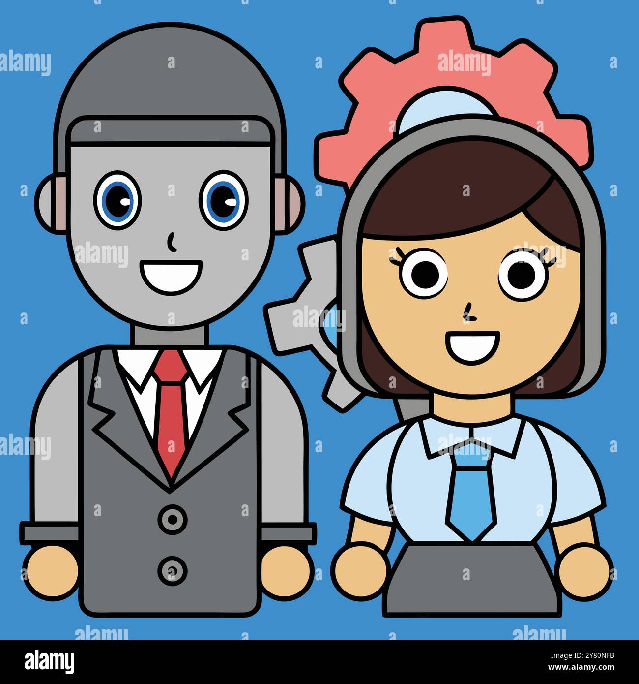 A Friendly Robot And A Woman Stand Side By Side Both Are Dressed In A Friendly Robot And A Woman Stand Side By Side Both Are Dressed In