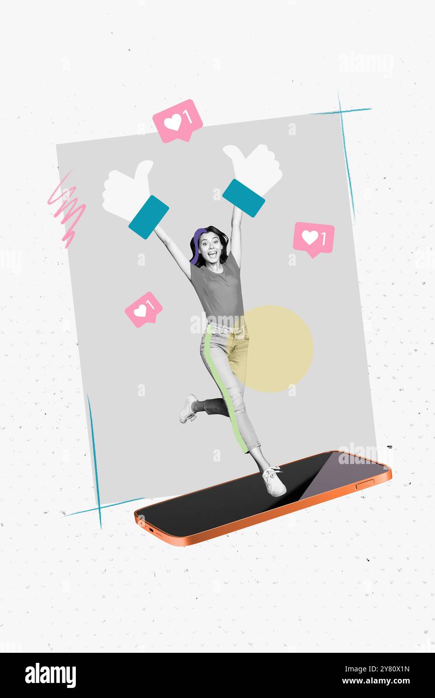 Vertical photo collage of happy girl blogger run thumb up like heart ...