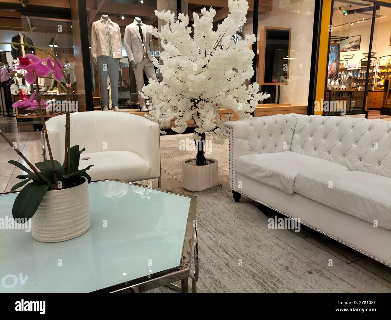 Exploring the Vibrant Interior and Stylish Exterior of a Washington's Outlet Mall - Smartphone Captured Stock Image