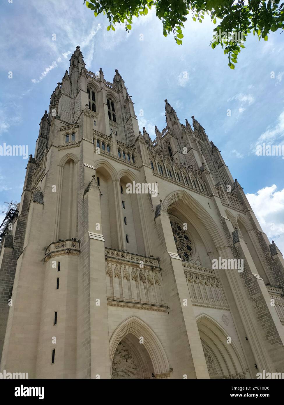 Architectural Marvel and Lush Greenery Surrounding Washington National Cathedral - Smartphone Captured Stock Image