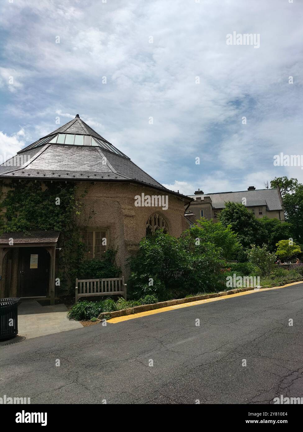 Architectural Marvel and Lush Greenery Surrounding Washington National Cathedral - Smartphone Captured Stock Image