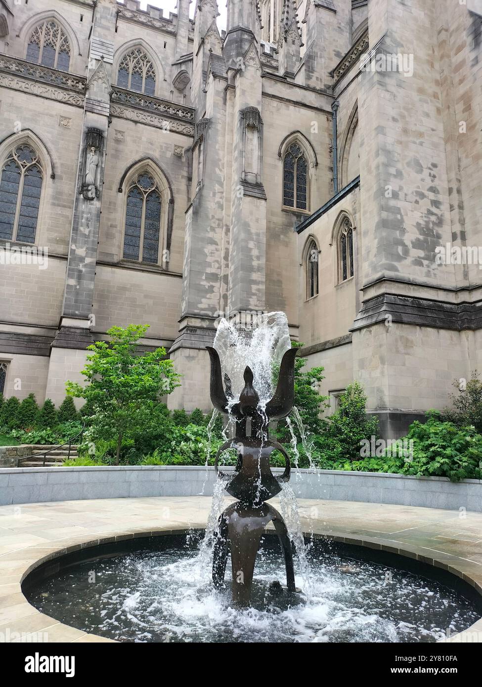 Architectural Marvel and Lush Greenery Surrounding Washington National Cathedral - Smartphone Captured Stock Image