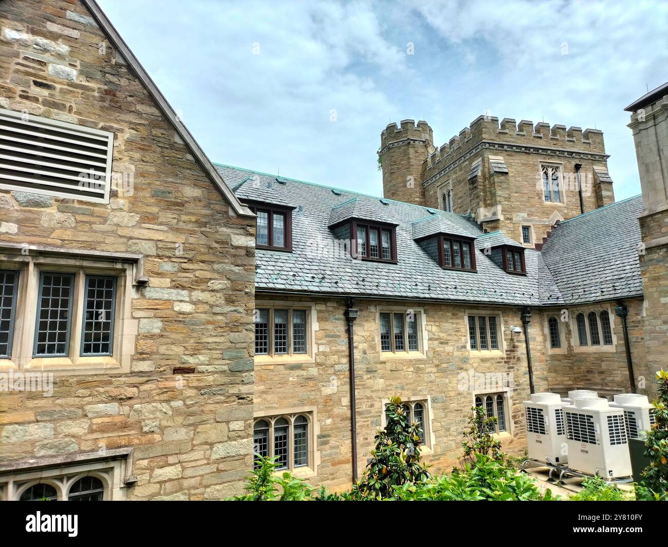Architectural Marvel and Lush Greenery Surrounding Washington National Cathedral - Smartphone Captured Stock Image