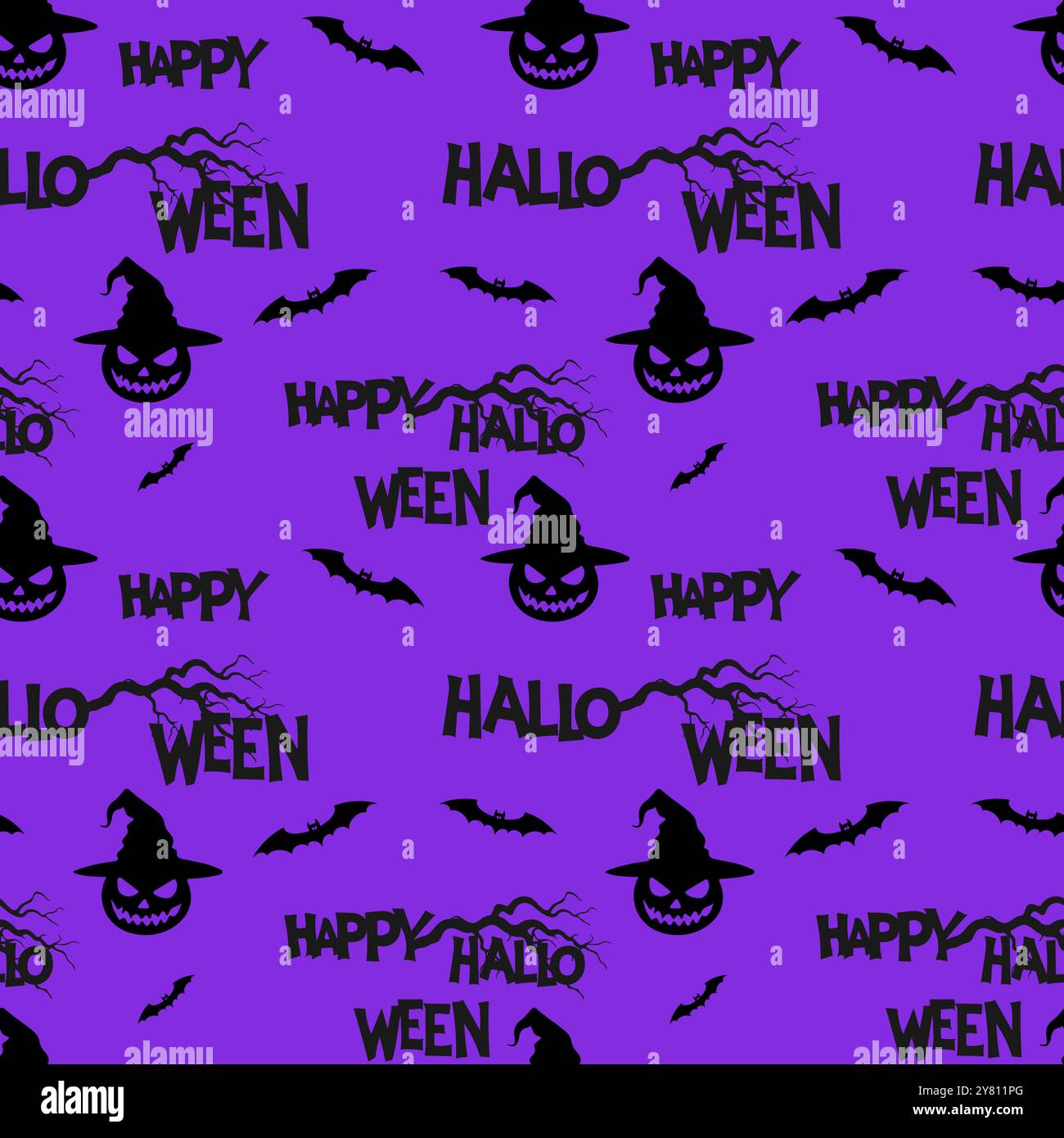 Pattern Happy Halloween text, bats and pumpkins in hat, gnarled old tree branches. Purple background. . Vector illustration Stock Vector