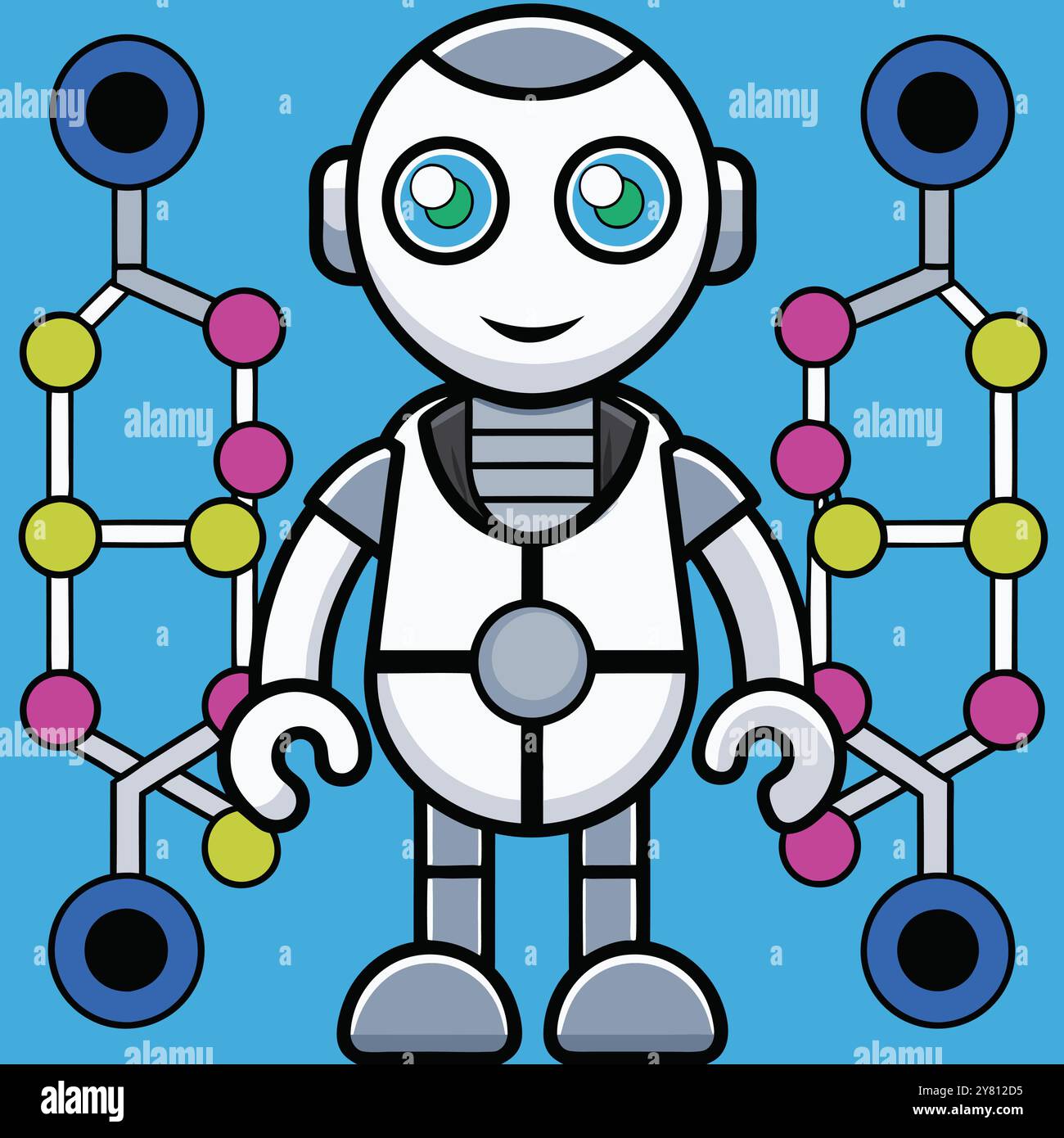 A friendly cartoon robot with large blue eyes. a happy expression. and ...