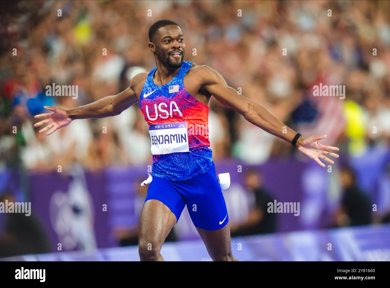 Rai Benjamin winning in the 400 meters hurdles at the Paris 2024 ...