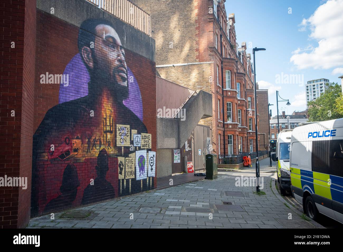 LONDON- SEPTEMBER 13, 2024: Mural of Marvin Gaye outside Brixton Police Station. Brixton Acre Lane. Metropolitan Police Station for Brixton North Stock Photo