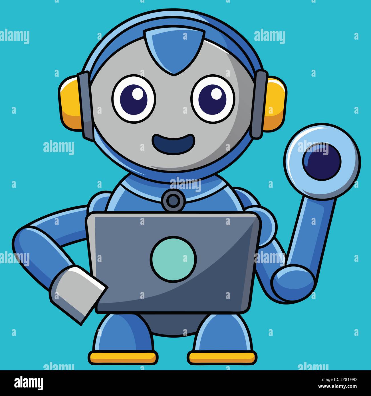 Cute cartoon robot with a laptop. smiling and waving. Perfect for tech ...