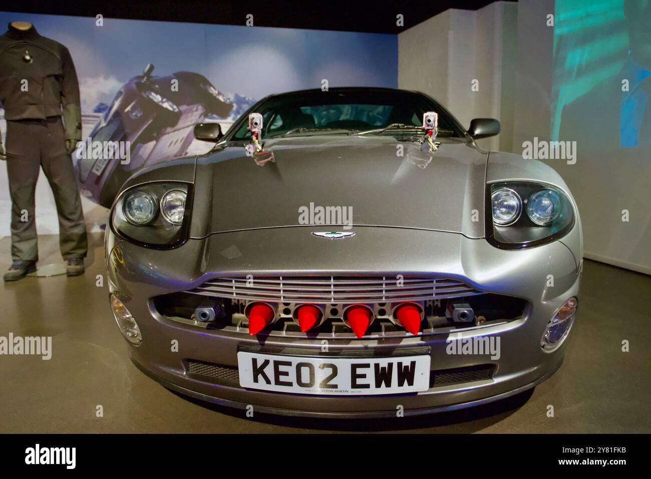 Die Another Day 2002 - Aston Martin V12 Vanquish 2002. Bond in Motion Exhibition, London Film Museum, Covent Garden, London, England. Stock Photo