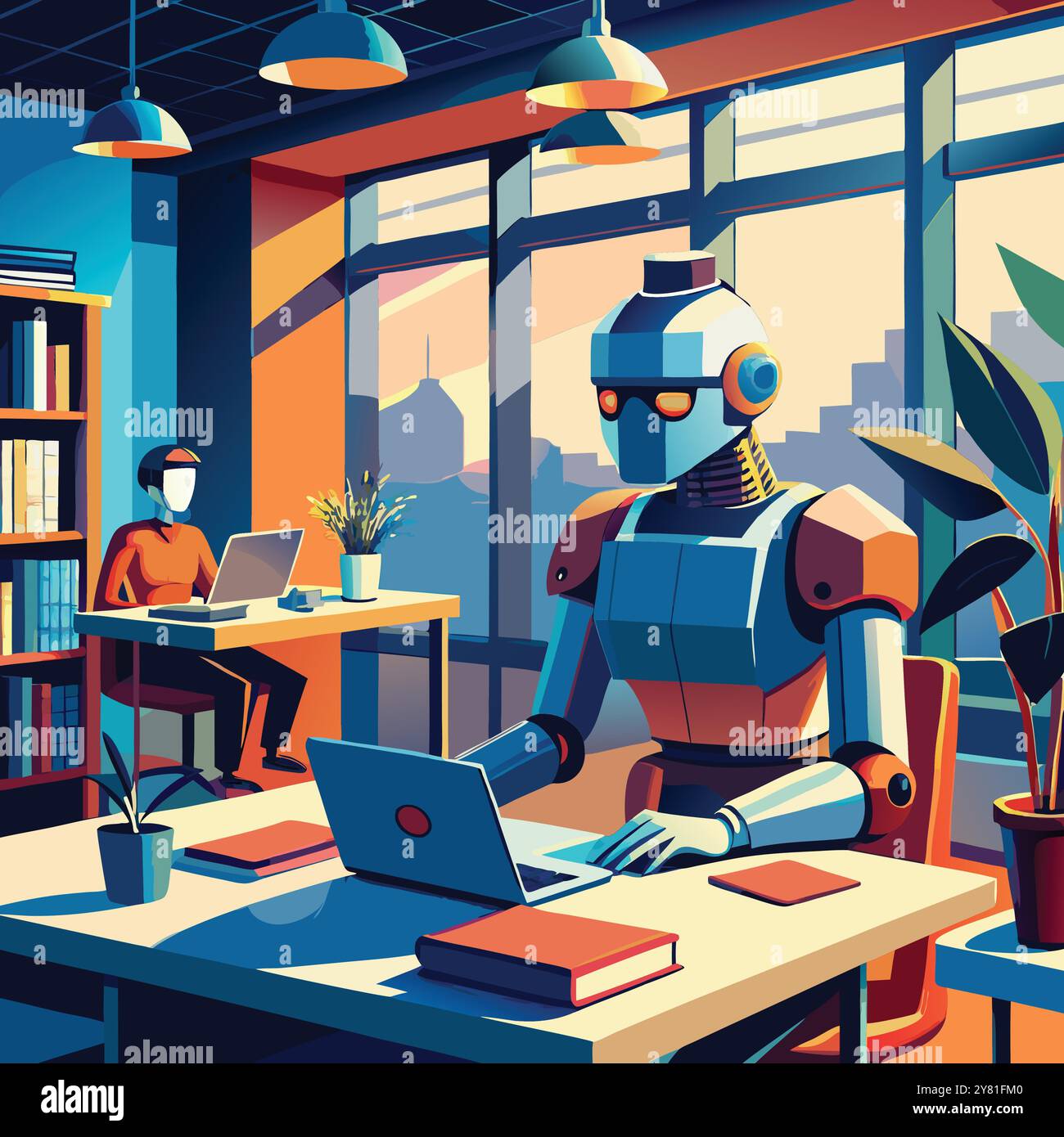 A futuristic robot sits at a desk in an office setting. working on a ...
