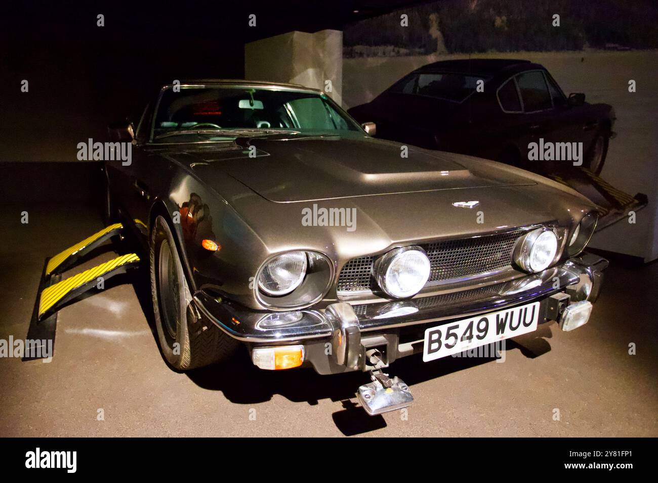 The Living Daylights 1987 - Aston Martin V8 Vantage Volante 1985. Bond in Motion Exhibition, London Film Museum, Covent Garden, London, England. Stock Photo