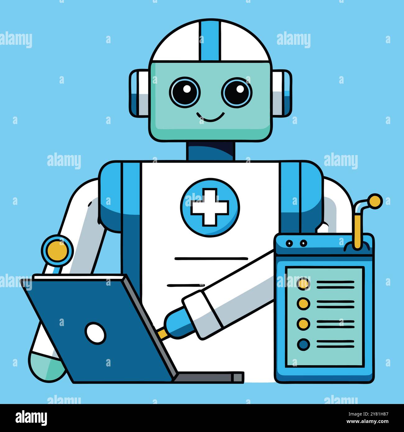 Friendly AI doctor robot with a stethoscope. a tablet. and a laptop ...