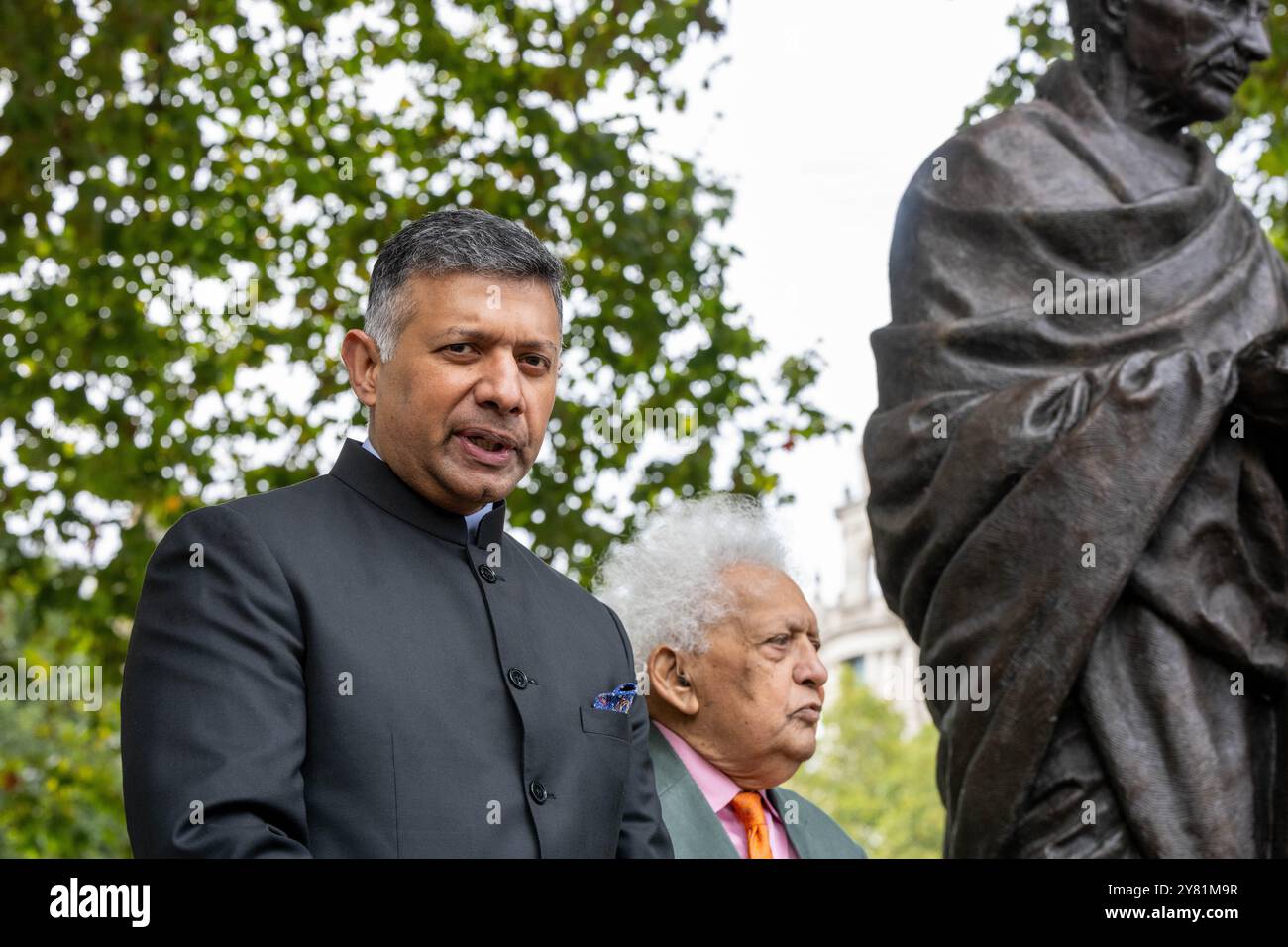 London, UK. 2nd Oct, 2024. Mahatma Gandhi's birthday, 2 October, commemorated at his statute in Parliament Square, with Meghnad Desai, Baron Desai Meghnad and His Excellency Vikram K Doraiswami, UK High Commissioner of India. The day is commemorated in India as Gandhi Jayanti, a national holiday, and worldwide as the International Day of Nonviolence. Gandhi is considered to be the Father of the Nation in post-colonial India Credit: Ian Davidson/Alamy Live News Stock Photo