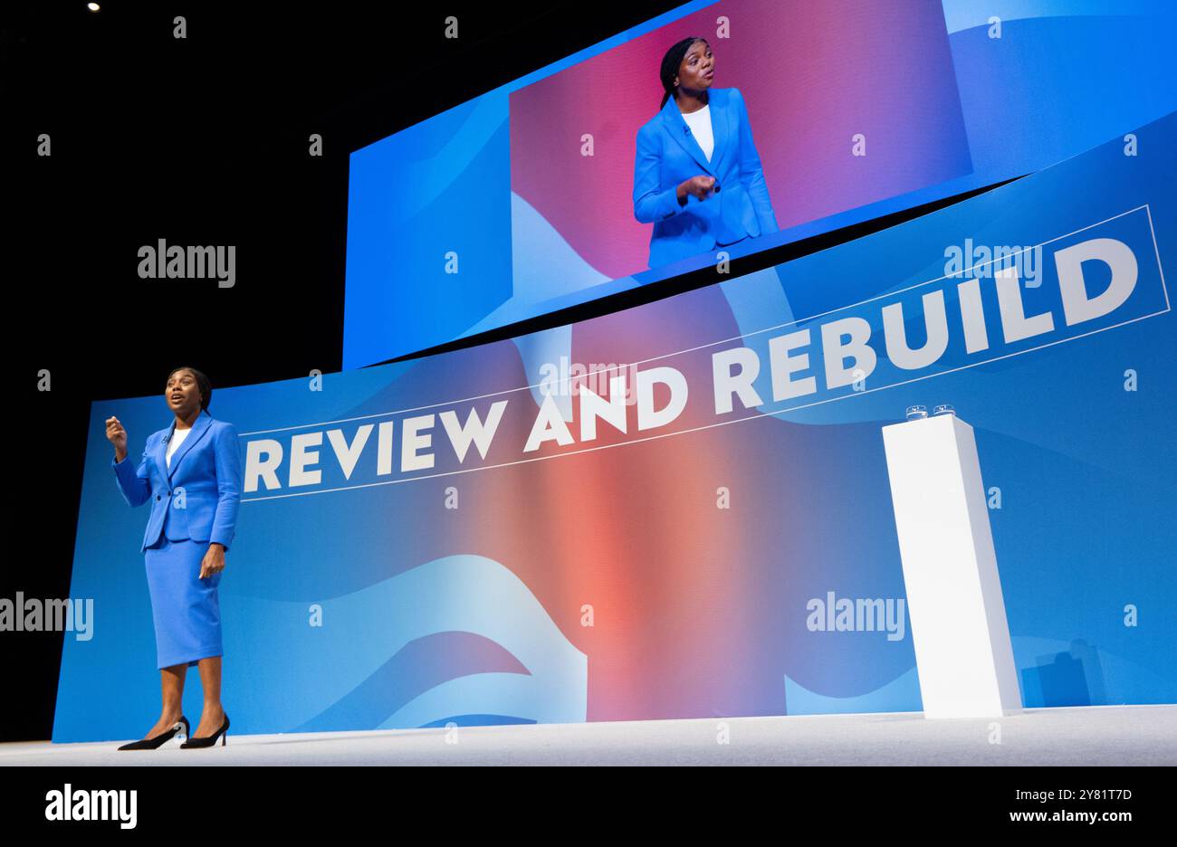 Birmingham UK. 02/10/2024, Kemi Badenoch. Final leaders speeches Conservative conference Birmingham UK. All four leaders candidates took to the stage to make their case for leadership. Birmingham Conference International convention Centre. UK Picture: garyroberts/worldwidefeatures.com Stock Photo