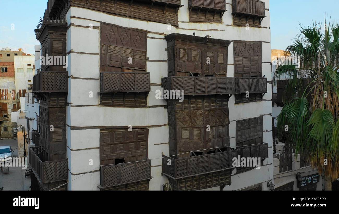 Aerial view of old houses with wooden mashrabiyas in al-Balad quarter ...