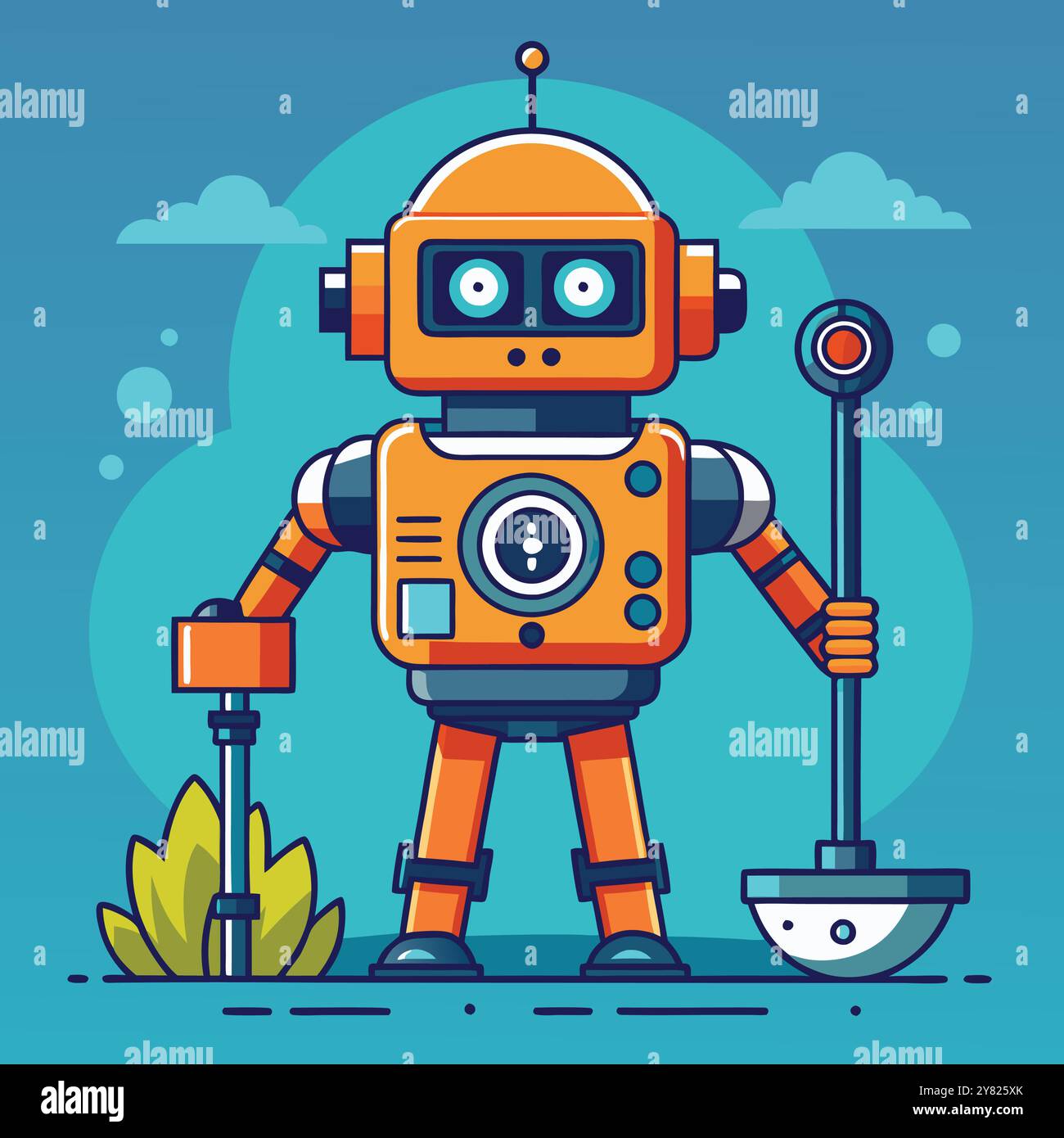Friendly cartoon robot with big eyes and tools in each hand 