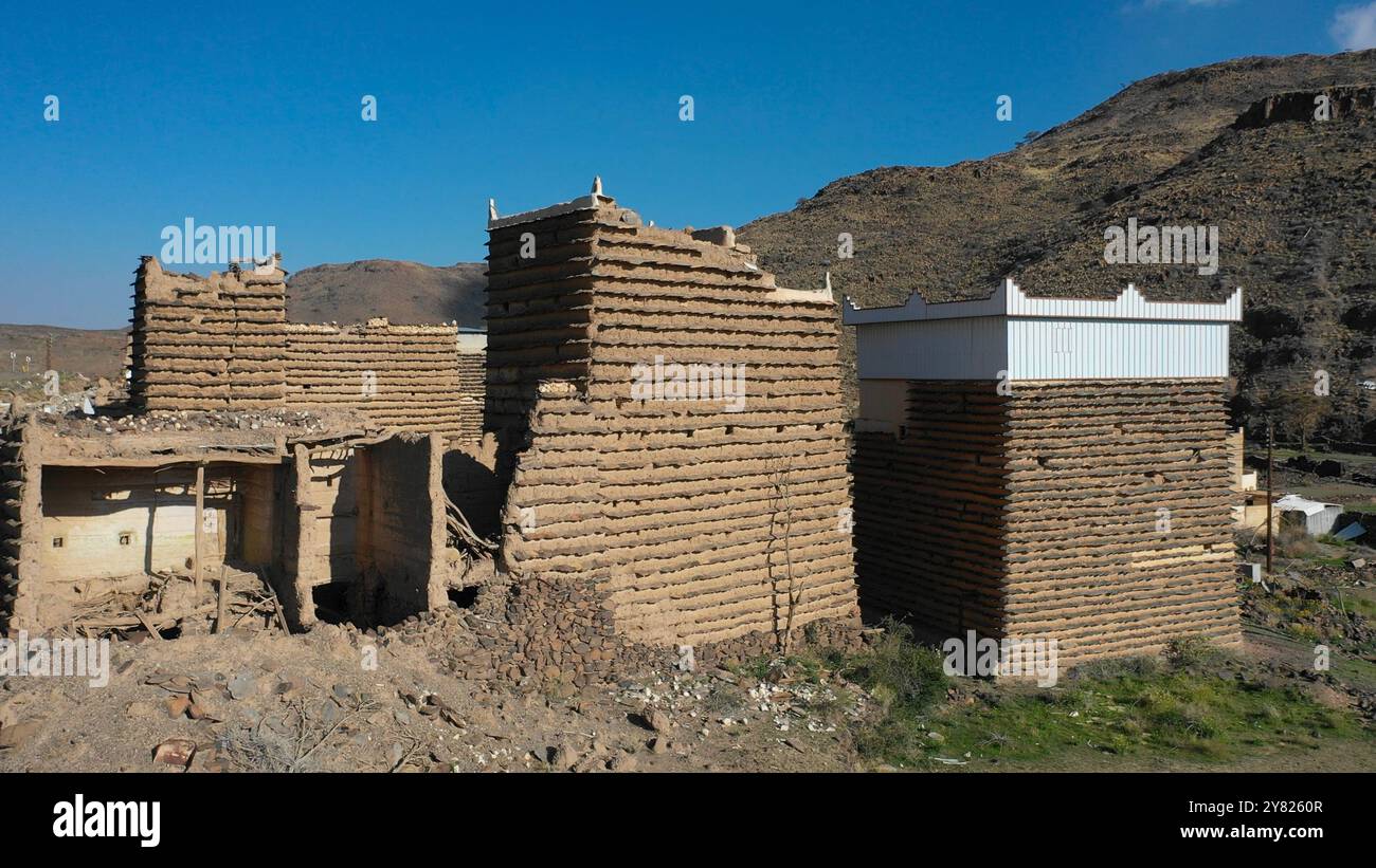 Aerial view of stone and mud houses with slates, Asir province, Sarat Abidah, Saudi Arabia Stock Photo