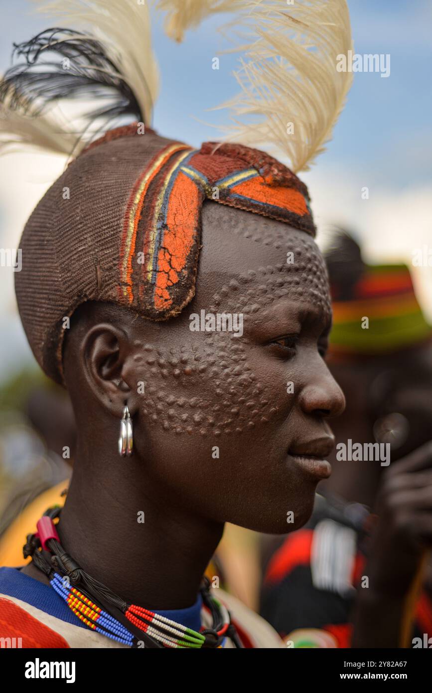 A Karimojong man wearing a traditional head gear in Kotido, Karamoja -Uganda Stock Photo