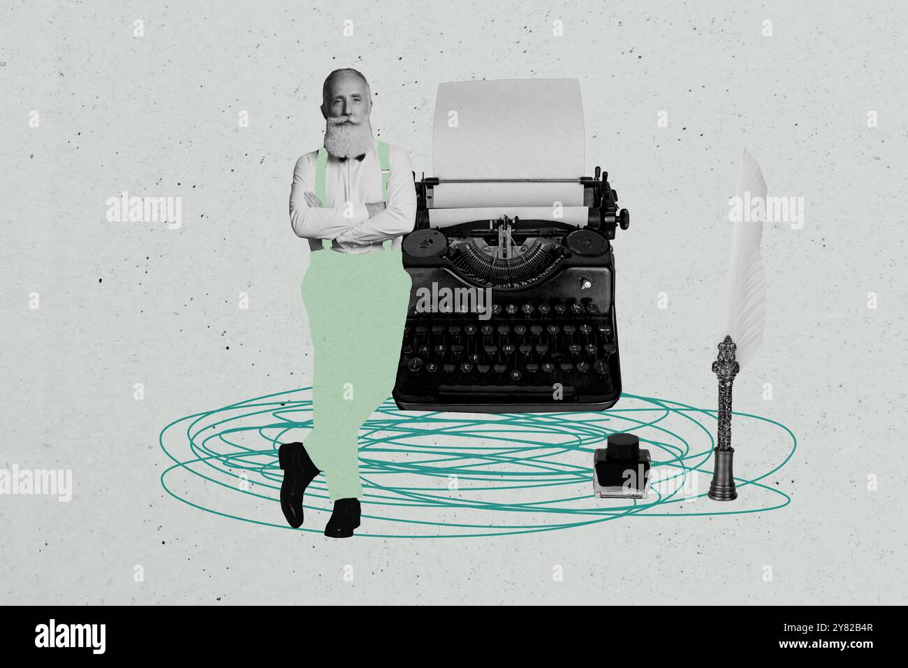 Trend artwork sketch photo collage of caricature workspace aged man ...