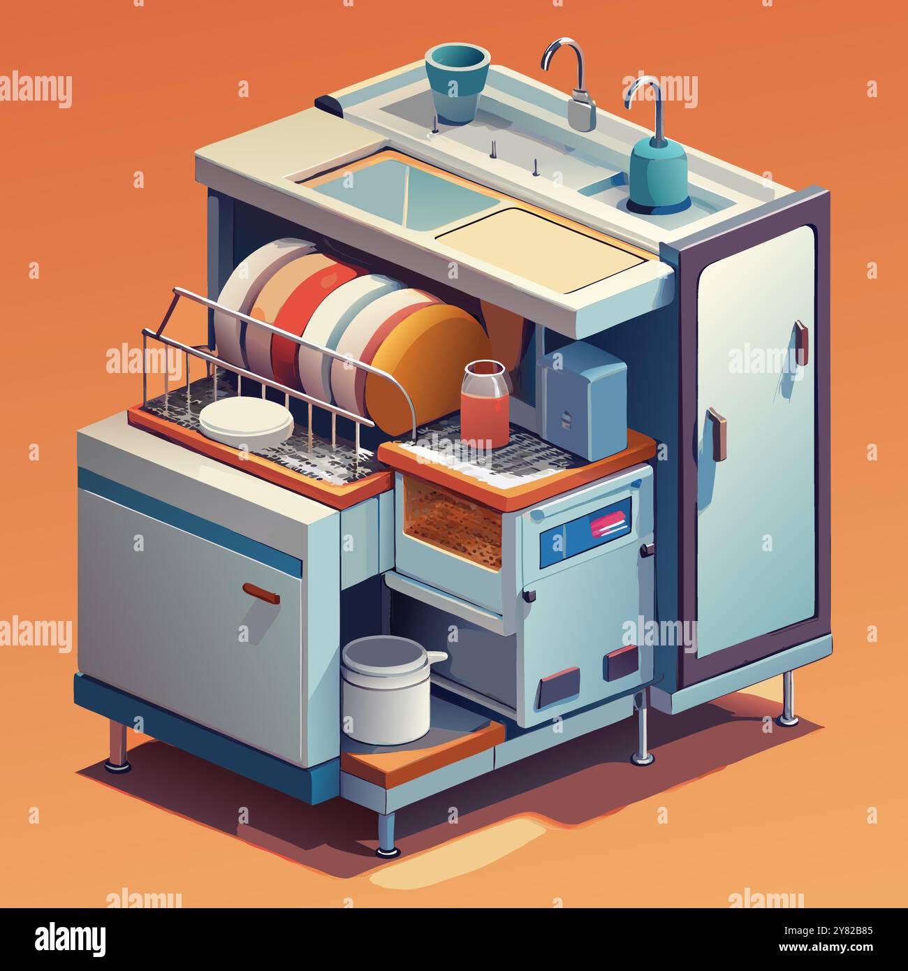 A detailed isometric illustration of a commercial kitchen sink and
