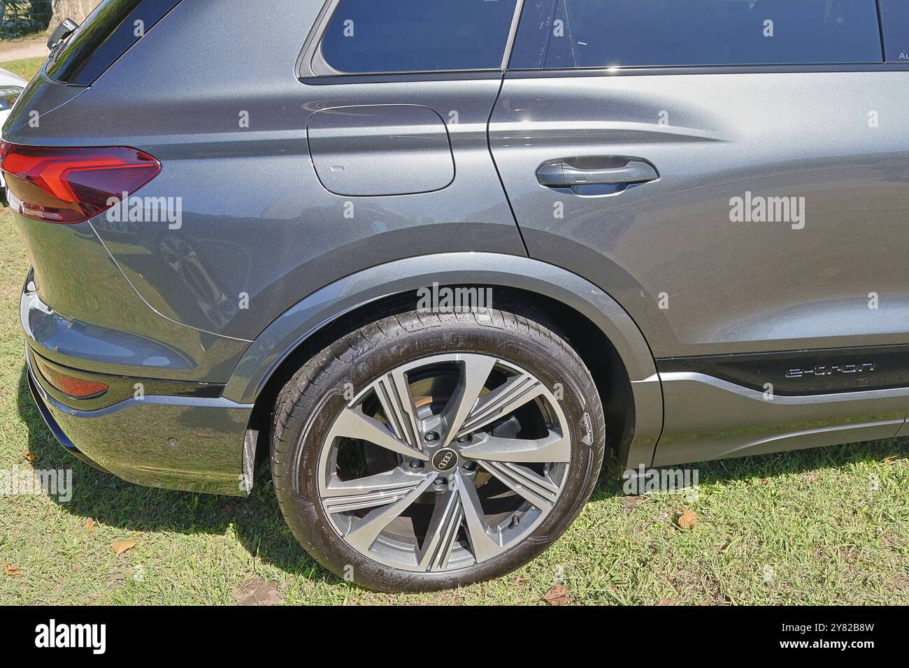 Modern grey audi q6 e tron parked on a grass field, showcasing its ...