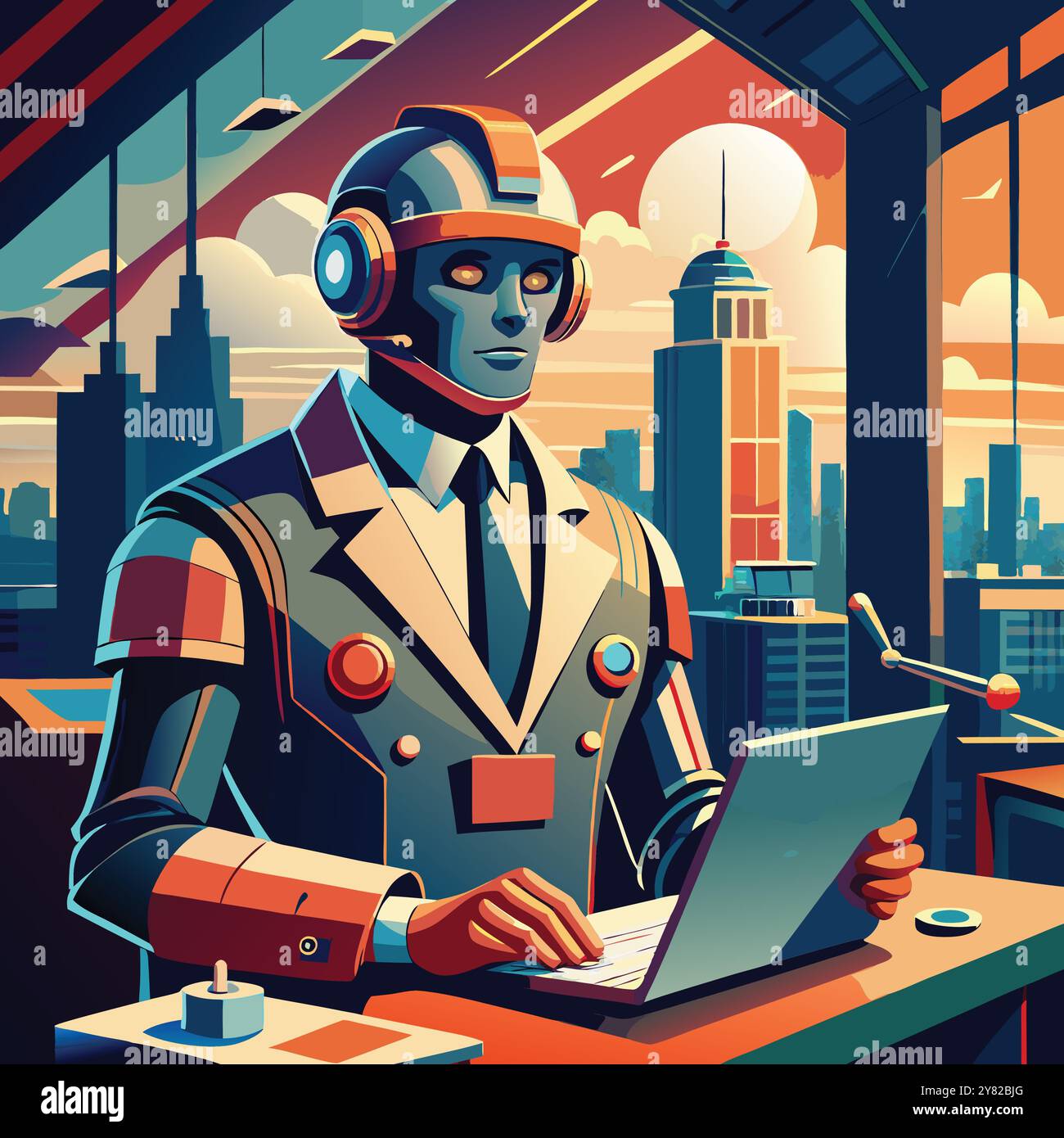 A futuristic robotic businessman. wearing a suit and headphones. works ...