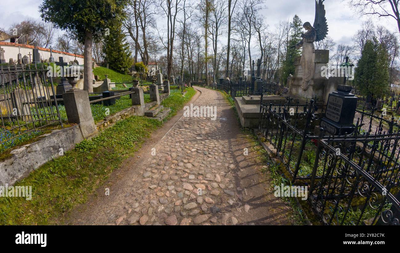 A cobblestone path winding through an old cemetery with various ...