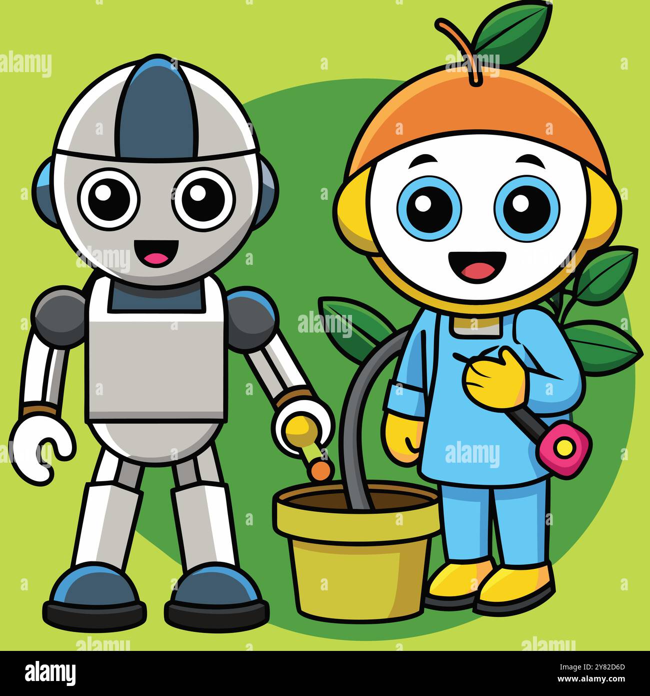 Cute Robot And Orange Character Gardening Together Promoting The Cute robot and orange character gardening together promoting the