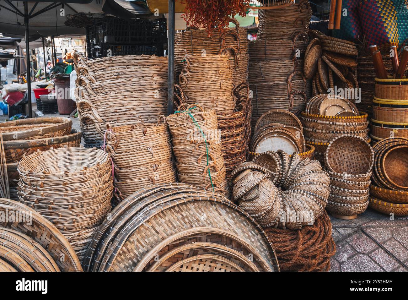 Traditional vietnamese rattan woven wicker baskets on the counter at ...