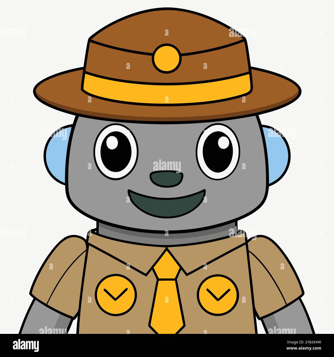 A friendly robot wearing a brown ranger hat and uniform with yellow ...