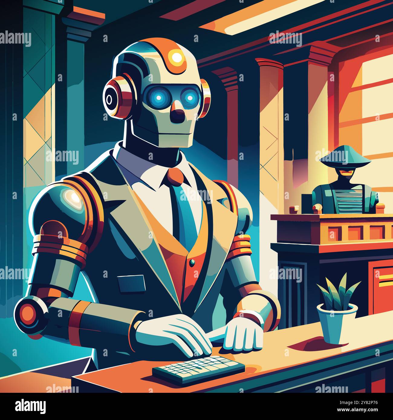 A futuristic robot dressed in a suit sits at a desk. working on a ...