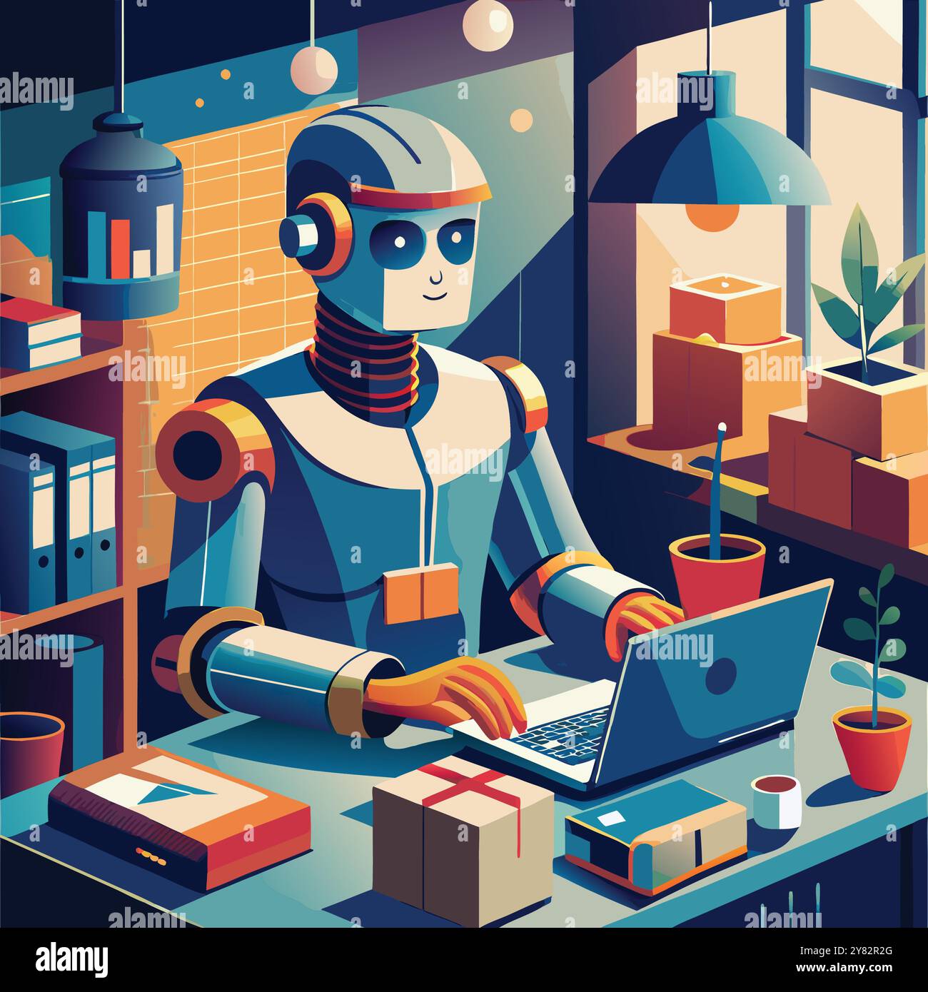 A friendly robot sits at a desk. working on a laptop. The robot has a ...