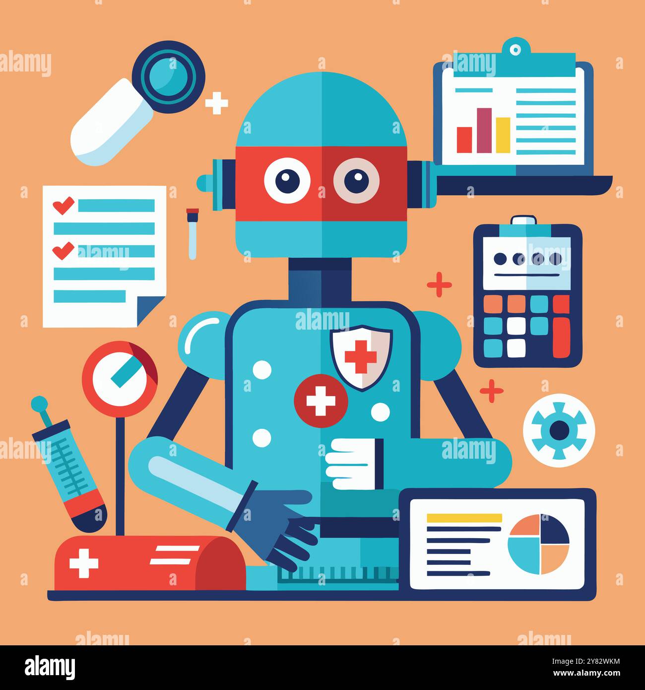 A friendly robot wearing a medical badge holds a ruler. surrounded by ...