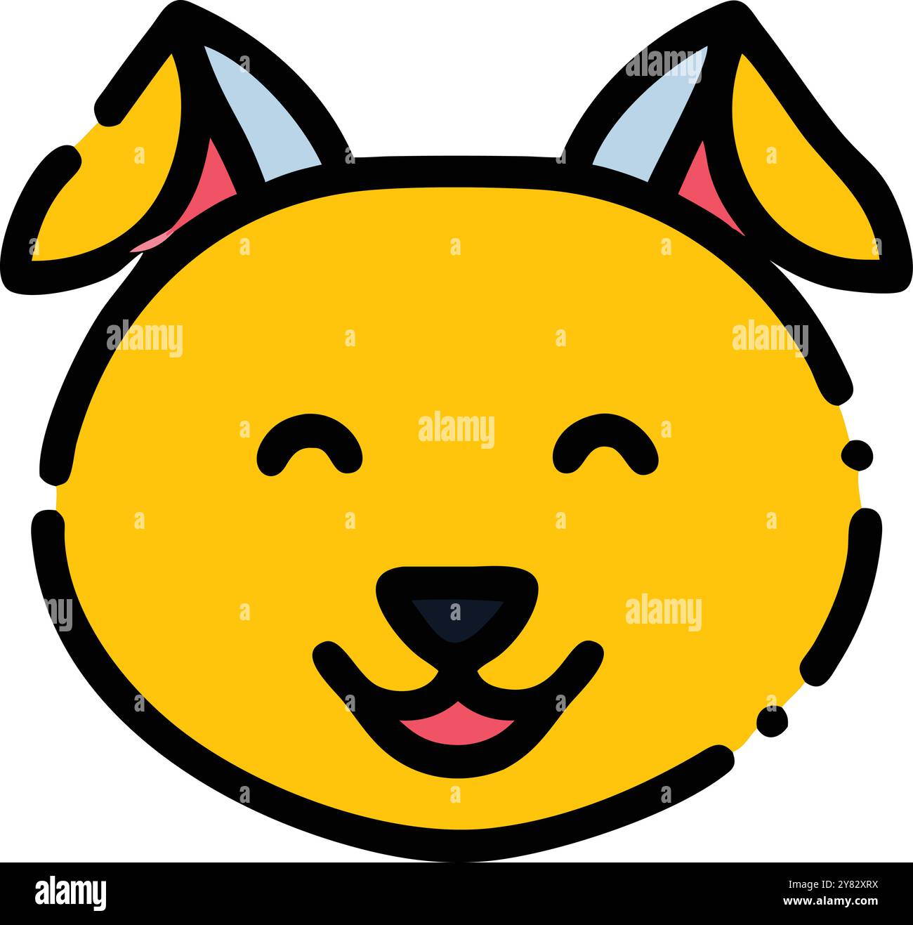 A simple and cheerful cartoon dog face with closed eyes and a happy