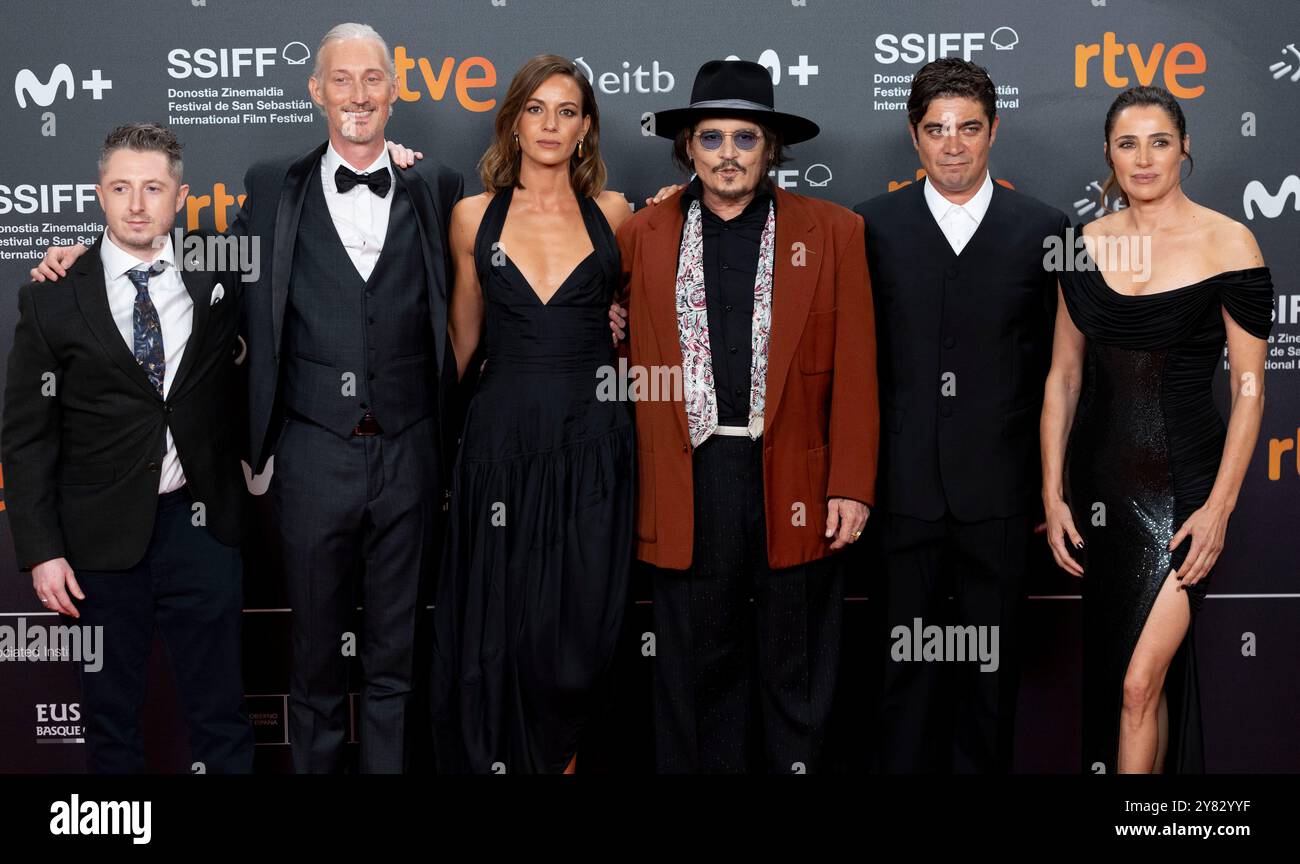 Donostia, Spain. 24th Sep, 2024. (L-R) Ryan McParland, Bruno Gouery, Antonia Desplat, Johnny Depp, Riccardo Scarmarcio and Luisa Raineri attend the Red Carpet Modi, Three Days On The Wing Of Madness, during 72nd San Sebastian International Film Festival at Kursaal Palace. (Photo by Nacho Lopez/SOPA Images/Sipa USA) Credit: Sipa USA/Alamy Live News Stock Photo