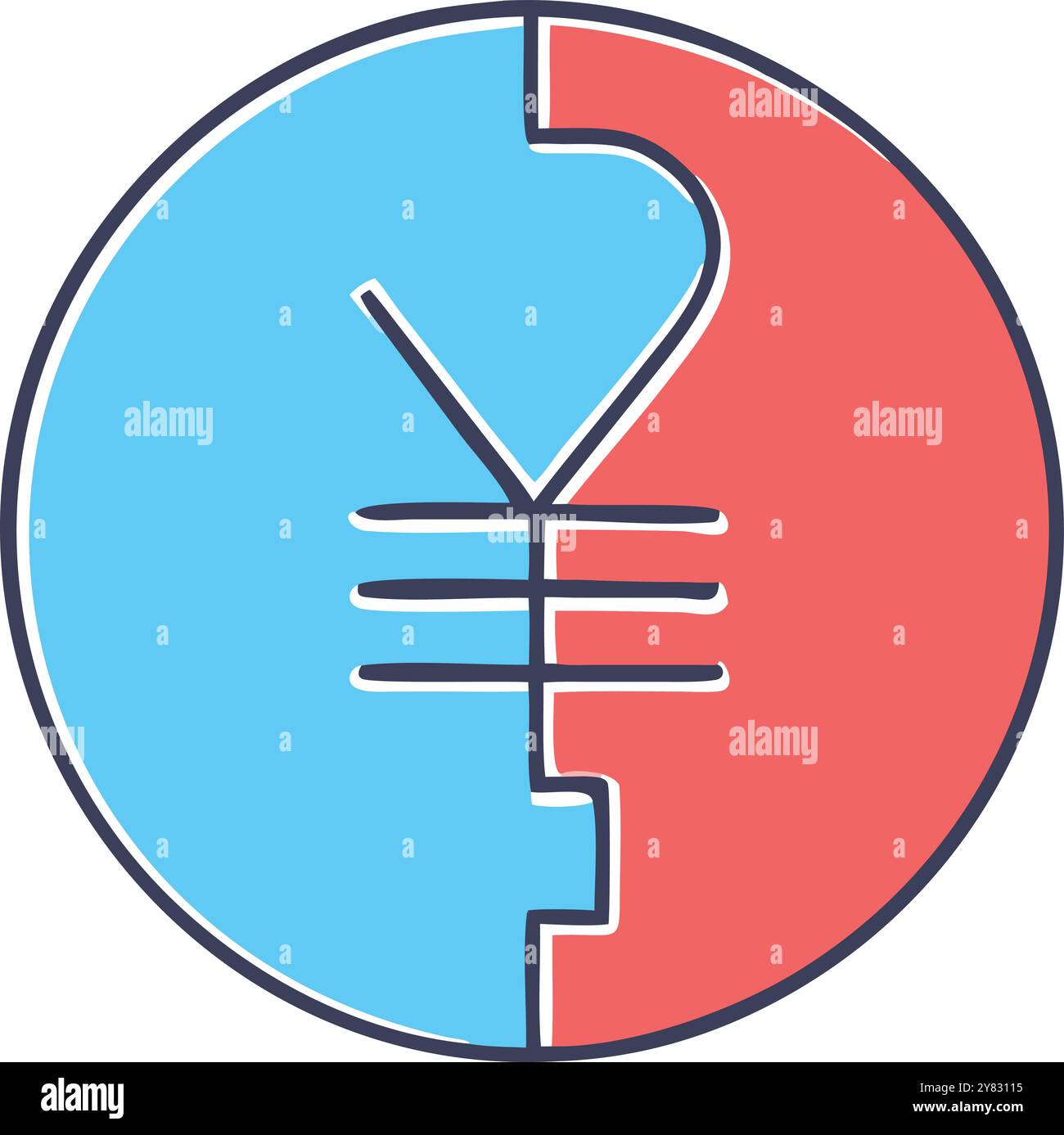 Abstract illustration of a yen symbol divided into two halves. one blue ...