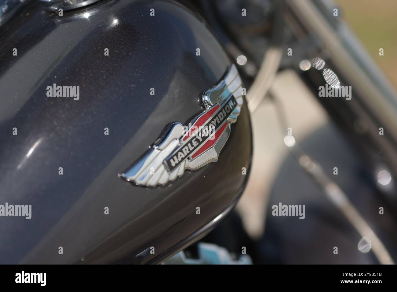 Bucharest, Romania - October 2, 2024: Shallow depth of field (selective focus) details with the Harley Davidson logo on a motorcycle. Stock Photo