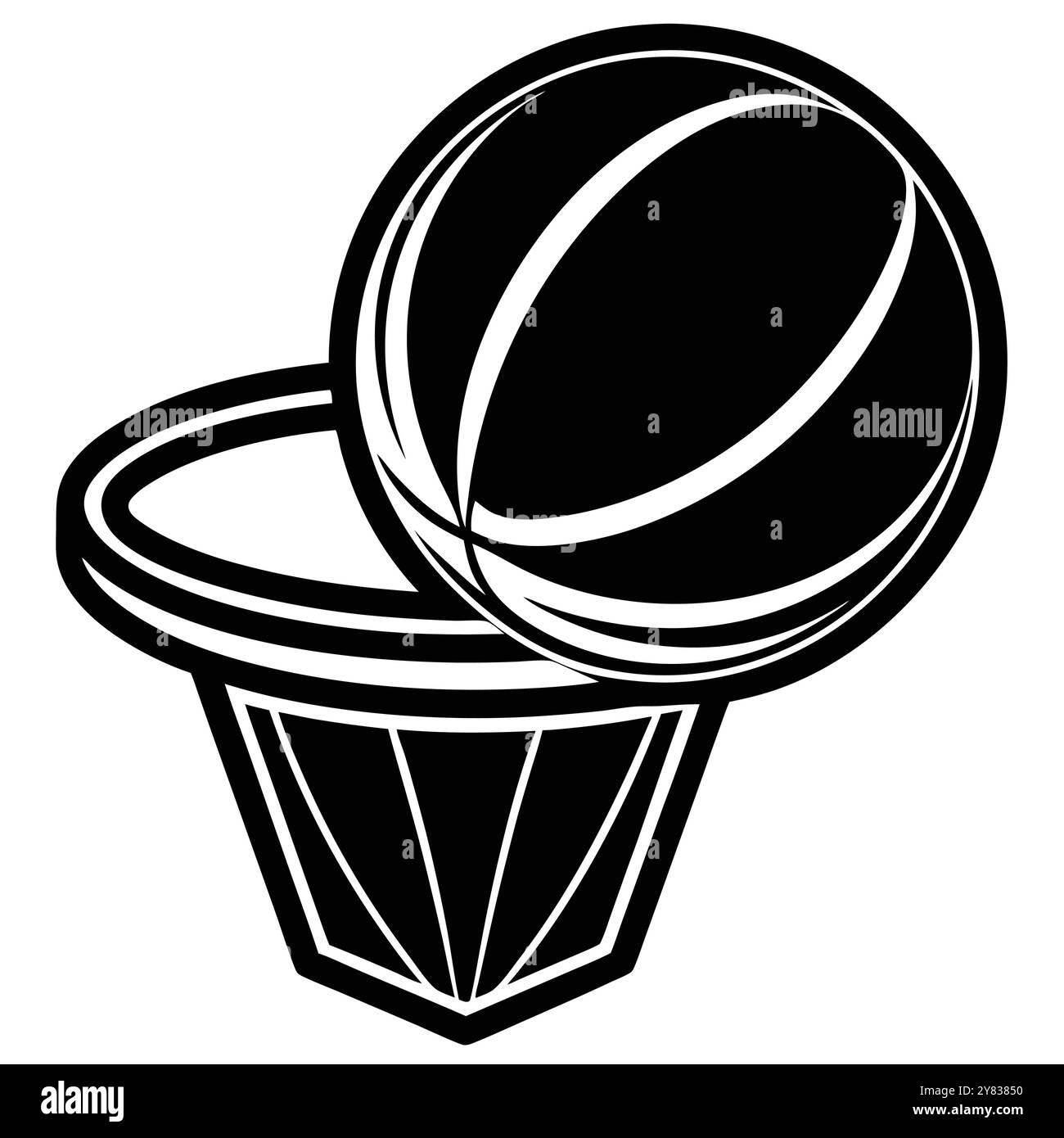 A simple. black and white illustration of a basketball going through a hoop. Perfect for sports themed designs. logos. and social media content. Stock Vector