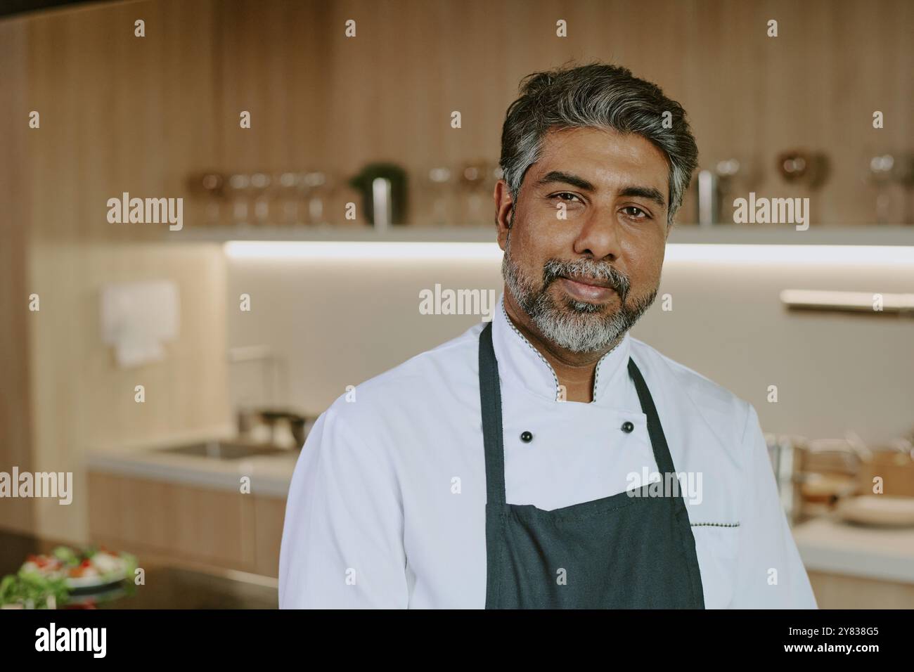 Portrait of confident Indian chef posing for photo in spacious kitchen ...