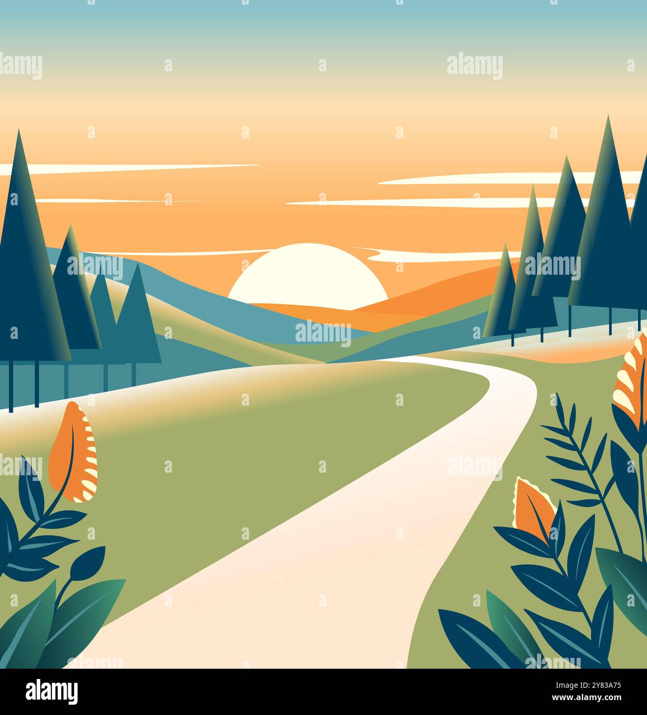 Natural beautiful landscape sunrise Stock Vector Images - Alamy
