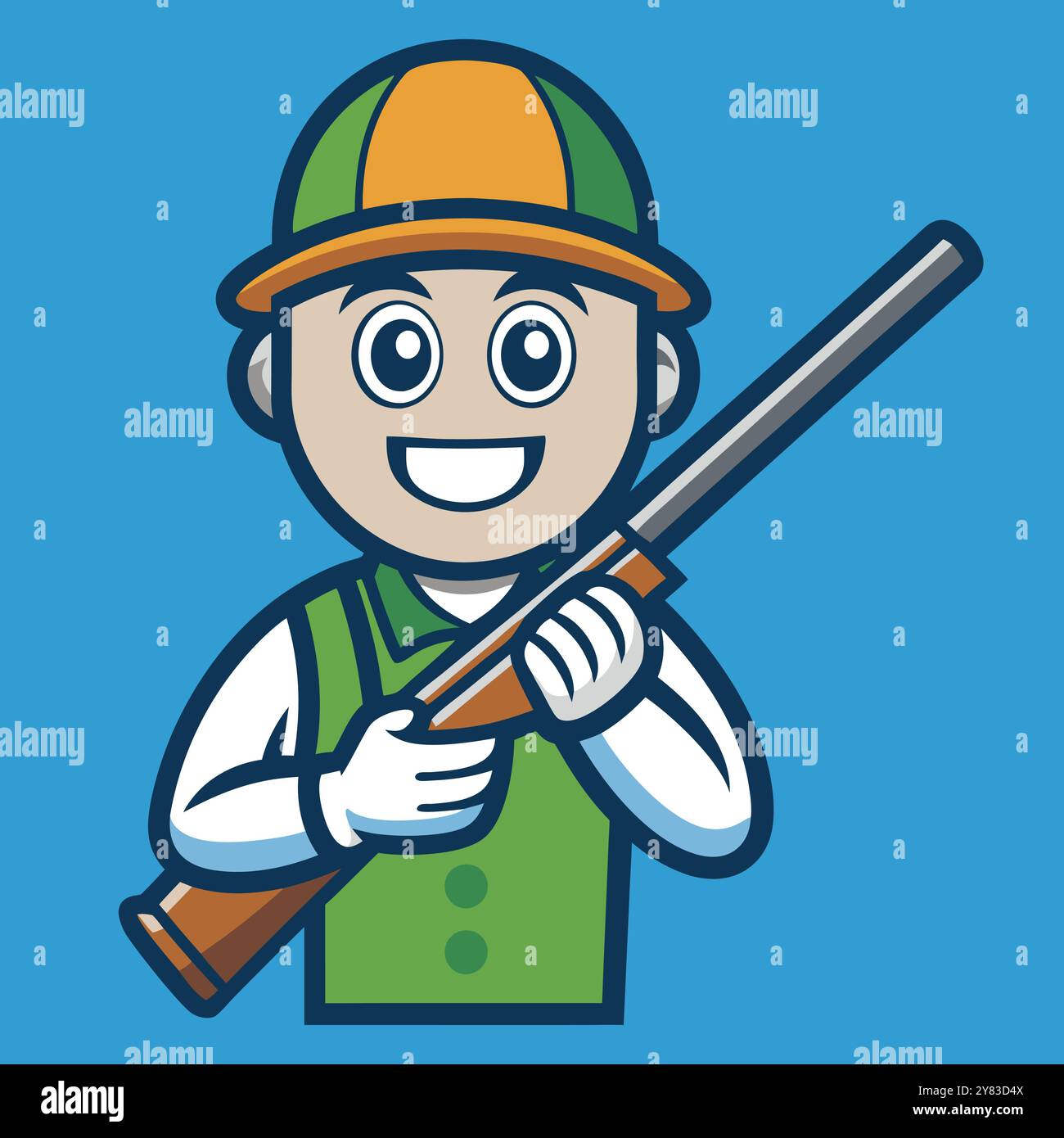 A cheerful cartoon hunter with a big smile. wearing a green vest and holding a rifle. This illustration is perfect for adding a touch of whimsy to you Stock Vector