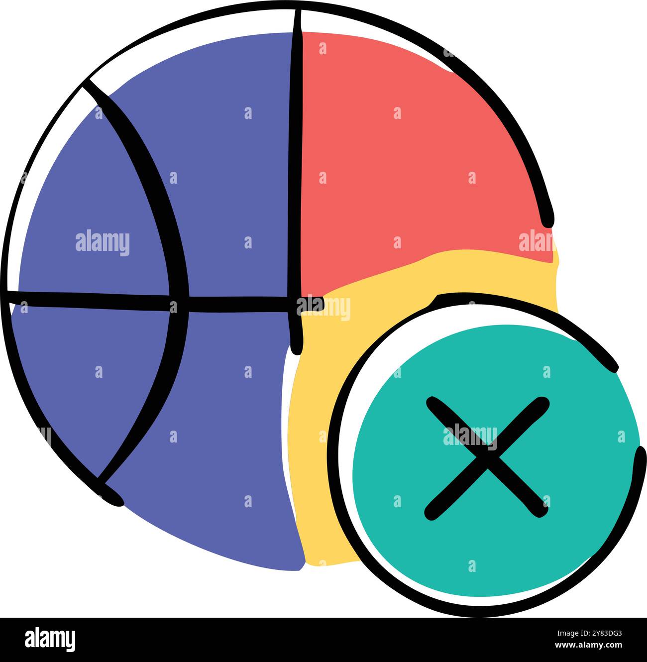 A colorful. hand drawn illustration of a basketball with a green X in the center. representing the concept of No Basketball. This graphic is perfect f Stock Vector