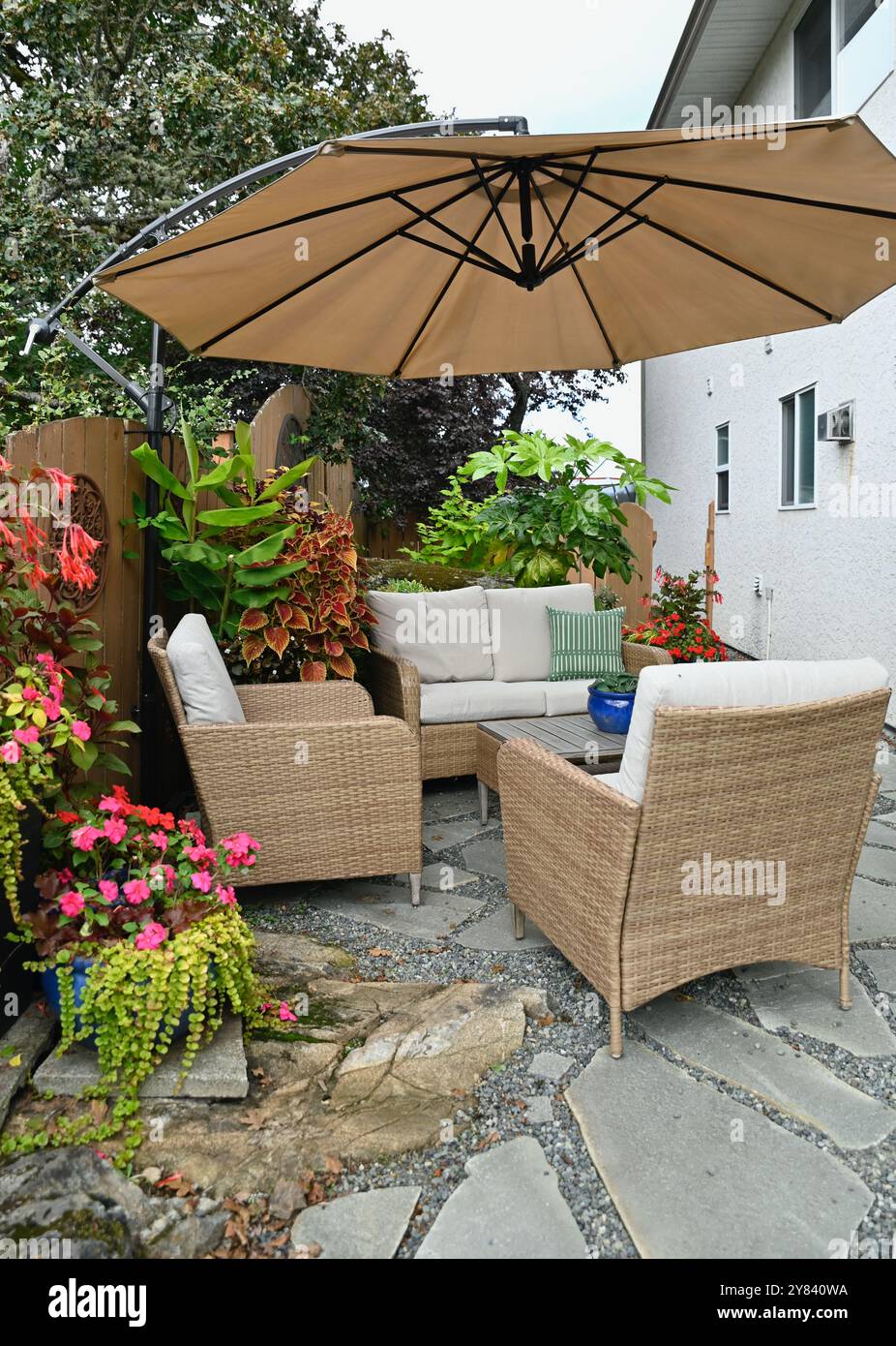 Garden oasis patio with lush tropical plants and greenery, cafe style ...