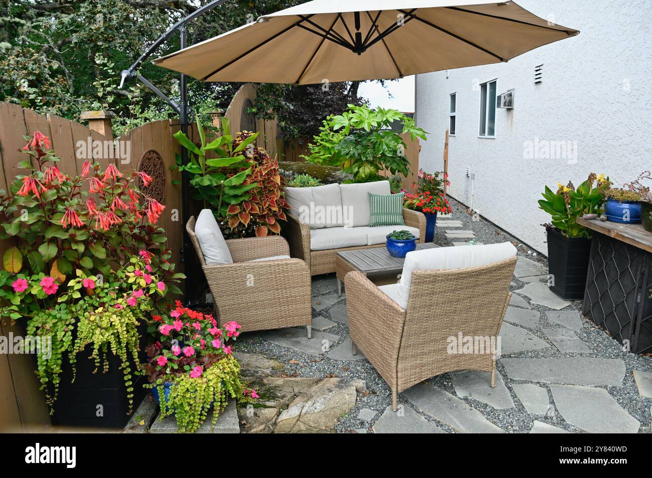 Garden oasis patio with lush tropical plants and greenery, cafe style ...