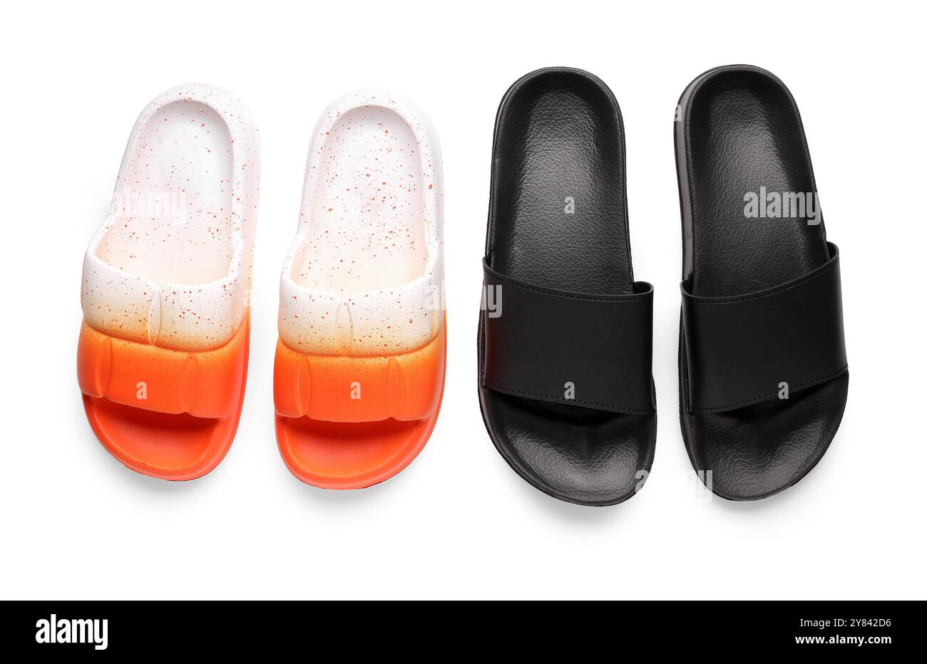 Colorful pairs of female flip flops on white background Stock Photo - Alamy