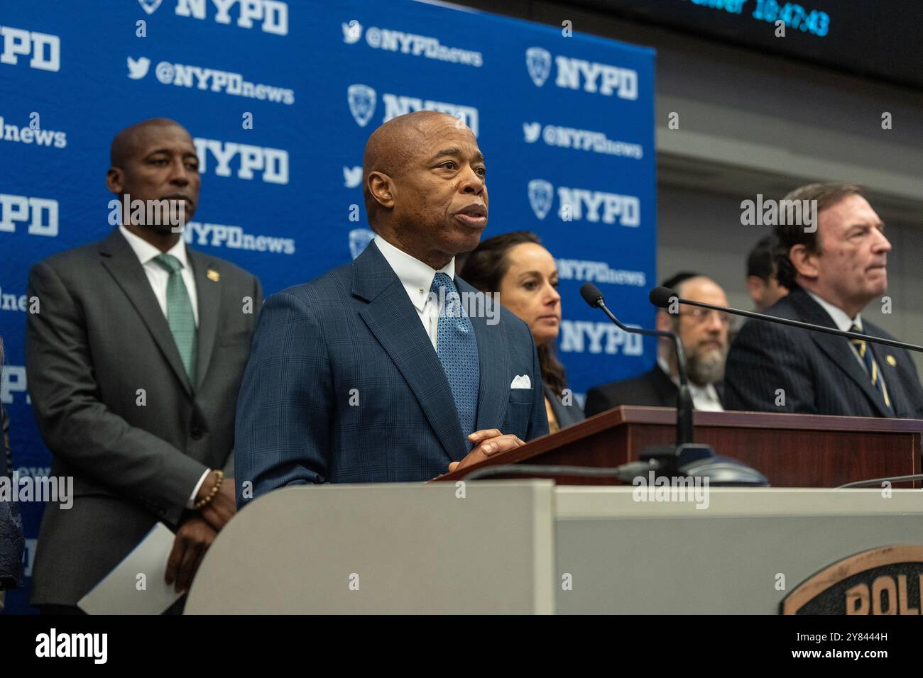Mayor Eric Adams speaks at police joint operation center in New York on ...