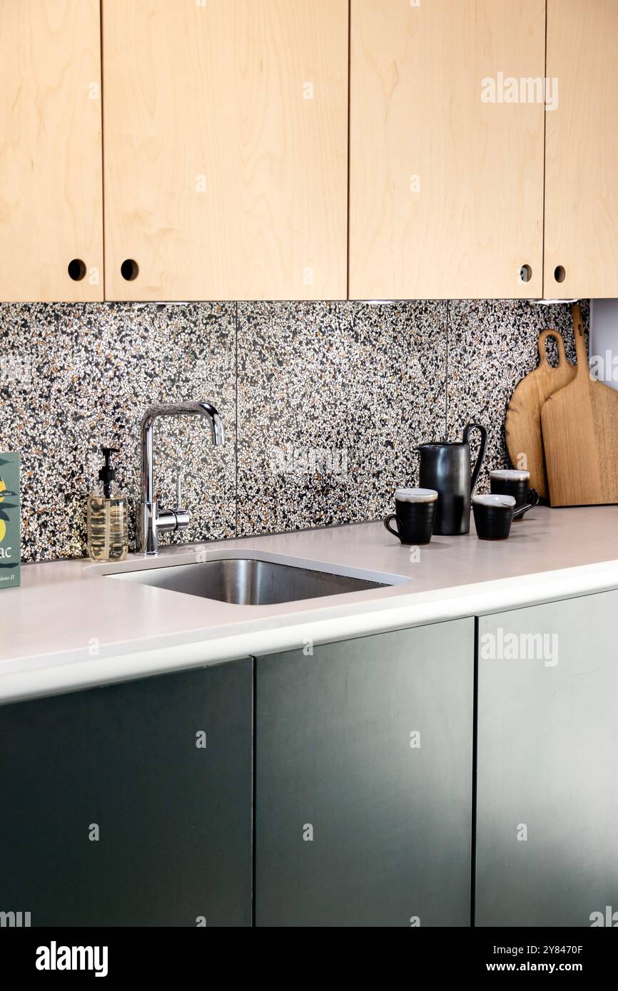 Interior of a renovated kitchen inside Balfron Tower brutalist tower originally designed Ernő Goldfinger, London, England Stock Photo